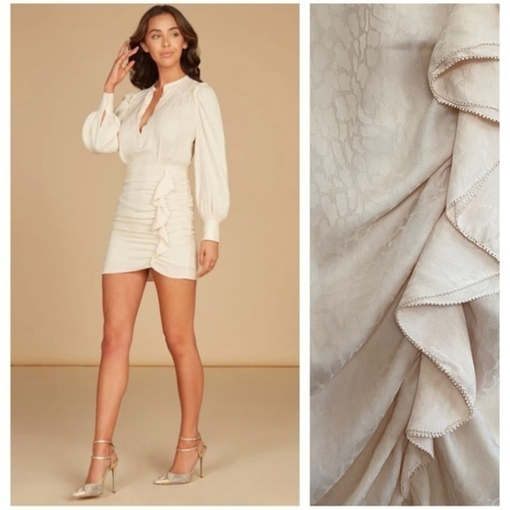 Ladaire Cream Satin Elara Snake Texture Satin Long Sleeve Mini Dress Medium